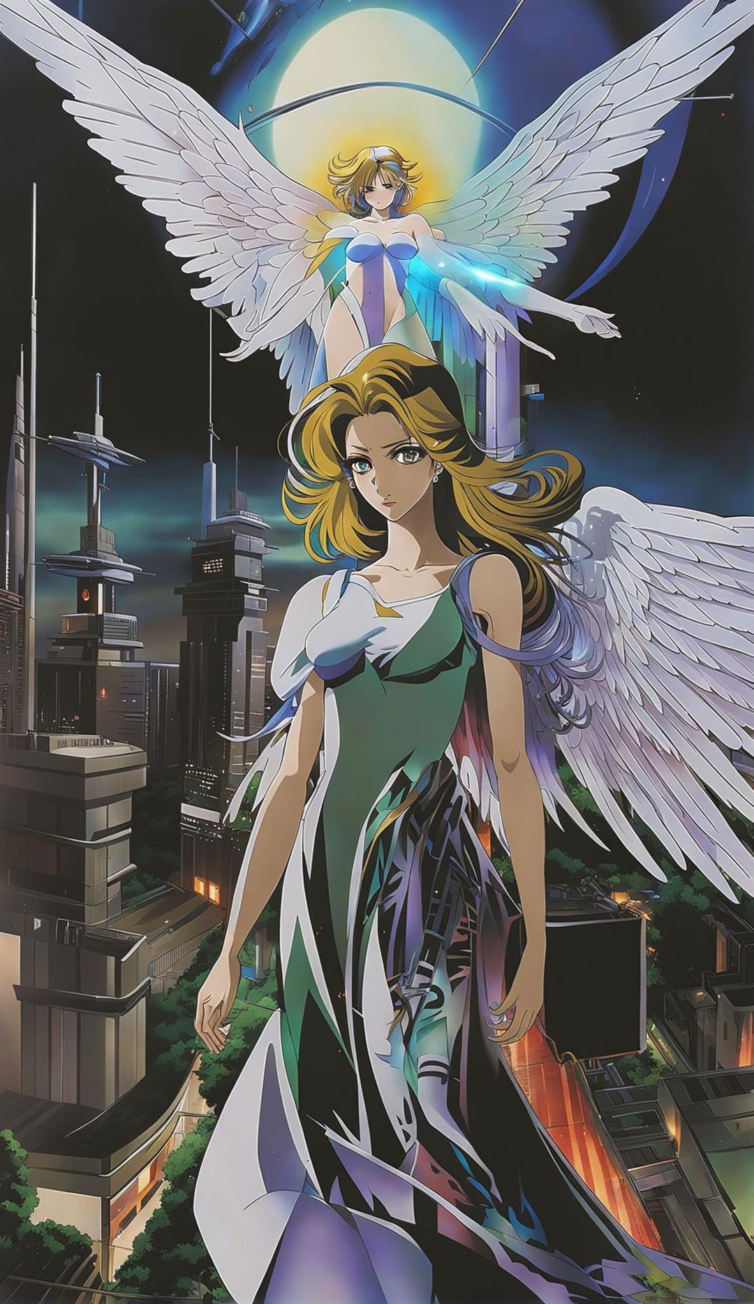 32k, 200mm anime poster of a beautiful anime angel with perfect features in a future dystopia.