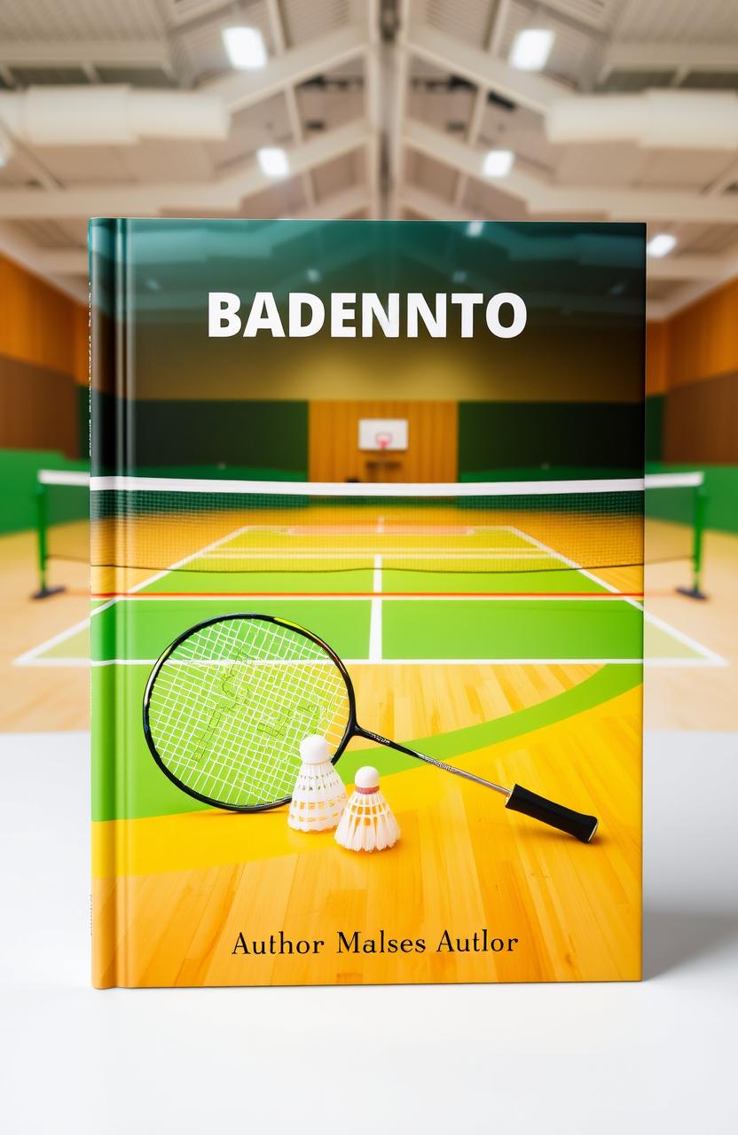 A vibrant book cover featuring a badminton court as the background, showcasing a well-maintained wooden floor, marked boundaries, and a bright colored net stretched across the center