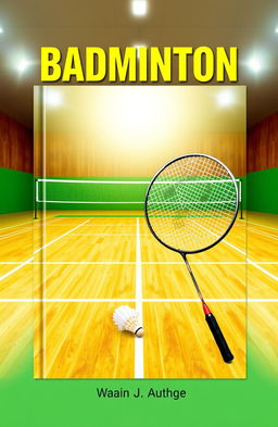 A vibrant book cover featuring a badminton court as the background, showcasing a well-maintained wooden floor, marked boundaries, and a bright colored net stretched across the center