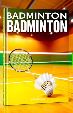 A vibrant book cover featuring a badminton court as the background, showcasing a well-maintained wooden floor, marked boundaries, and a bright colored net stretched across the center