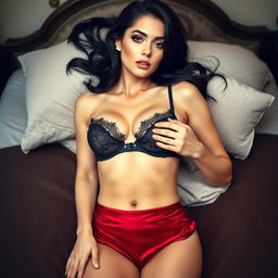 A beautiful woman lies elegantly on a luxurious bed, her dark hair cascading around her shoulders