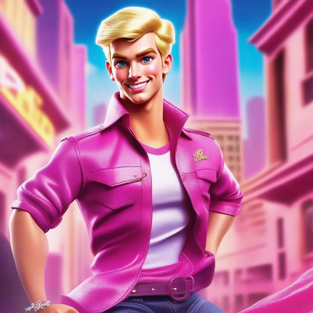 A stylized rendition of a male doll character with striking blond hair, wearing a vibrant pink shirt, standing confidently against a colorful urban backdrop