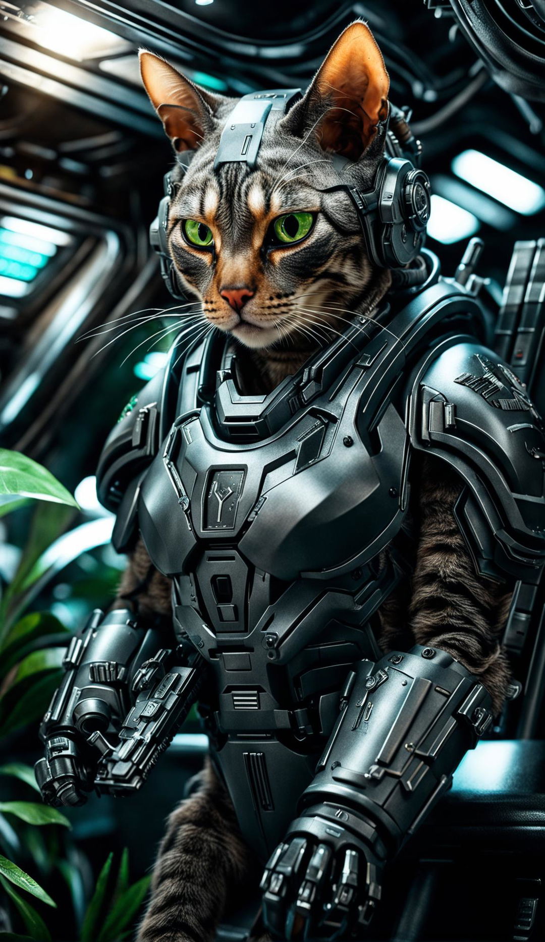 A Devon Rex cat in high-tech space marine armor stands in the interior of a spaceship.