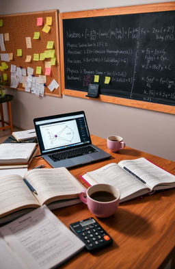 A detailed study session setup for a physics exam, featuring a neatly arranged desk with physics textbooks, notes scattered around, a laptop open to a physics simulation, and a calculator