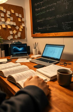 A detailed study session setup for a physics exam, featuring a neatly arranged desk with physics textbooks, notes scattered around, a laptop open to a physics simulation, and a calculator
