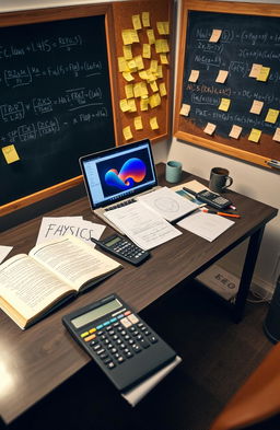 A detailed study session setup for a physics exam, featuring a neatly arranged desk with physics textbooks, notes scattered around, a laptop open to a physics simulation, and a calculator