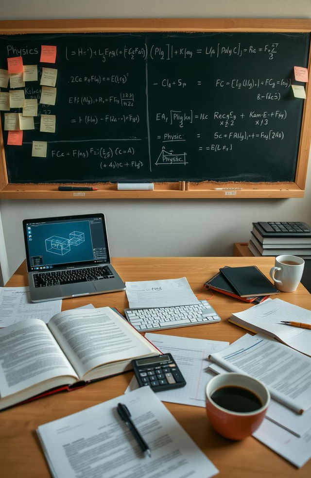 A detailed study session setup for a physics exam, featuring a neatly arranged desk with physics textbooks, notes scattered around, a laptop open to a physics simulation, and a calculator