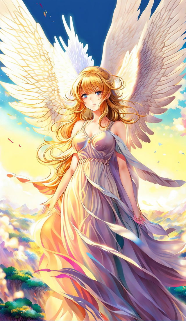 Anime poster featuring a beautiful angel with golden hair and azure eyes