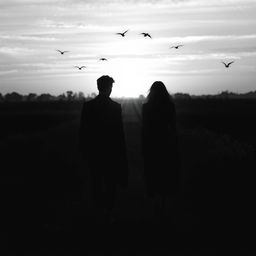A poignant black and white evening scene depicting a sad love story, where a man dressed in dark black clothing walks towards the viewer, while a woman in dark black attire walks away, their paths diverging