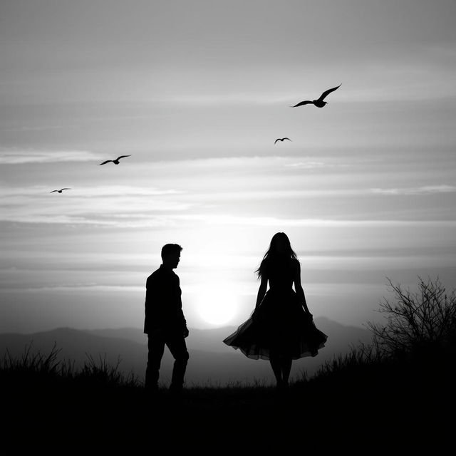 A poignant black and white evening scene depicting a sad love story, where a man dressed in dark black clothing walks towards the viewer, while a woman in dark black attire walks away, their paths diverging