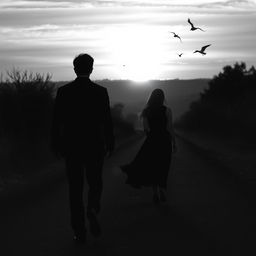 A poignant black and white evening scene depicting a sad love story, where a man dressed in dark black clothing walks towards the viewer, while a woman in dark black attire walks away, their paths diverging