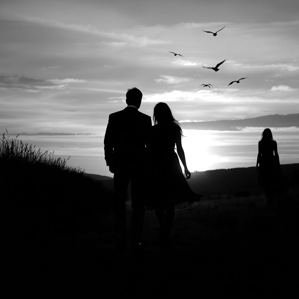 A poignant black and white evening scene depicting a sad love story, where a man dressed in dark black clothing walks towards the viewer, while a woman in dark black attire walks away, their paths diverging