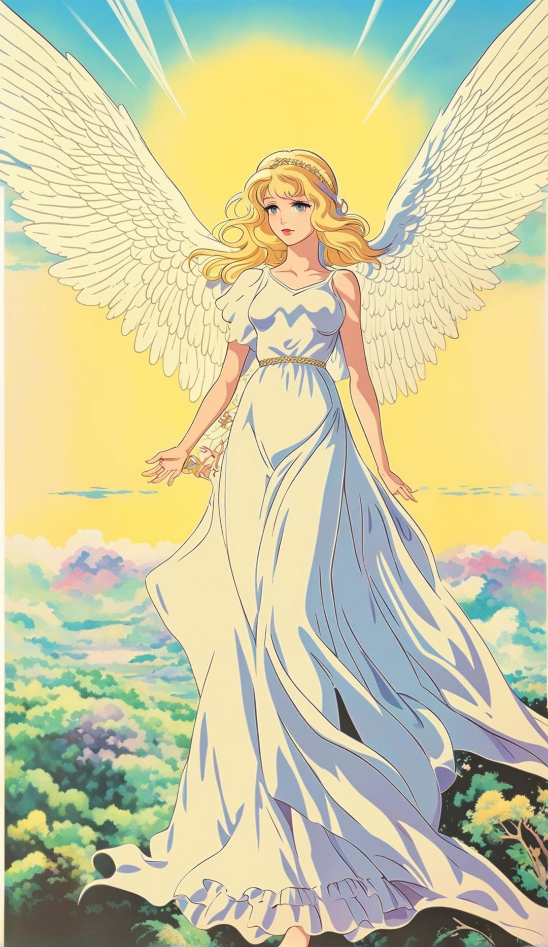 Retro vintage anime poster featuring a beautiful angel with golden hair and azure eyes