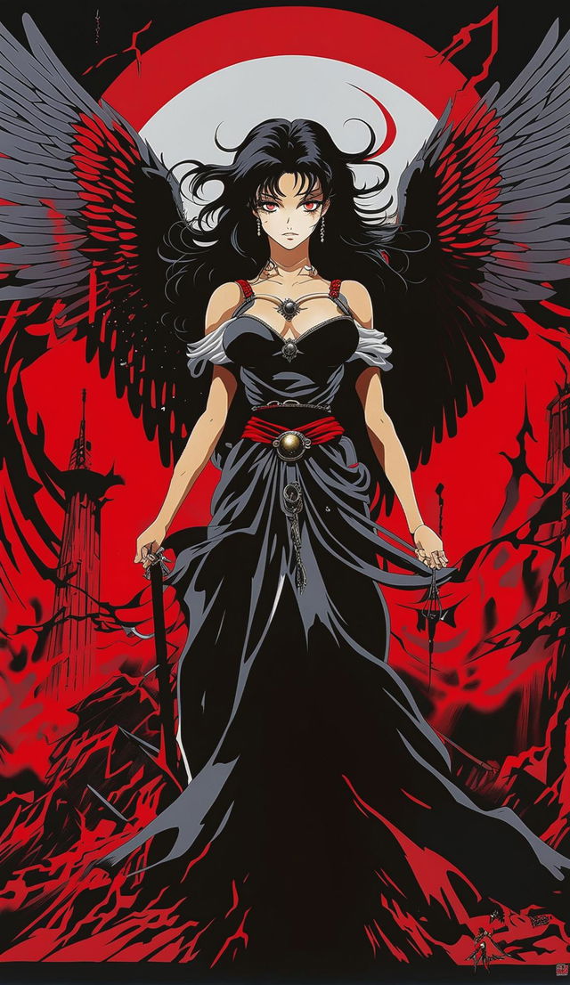 Retro 90s anime poster featuring a dark, evil angel with red eyes and black wings, standing atop ruins, surrounded by a vortex of red and black