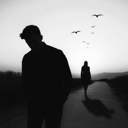 A poignant black and white scene depicting a sad love story