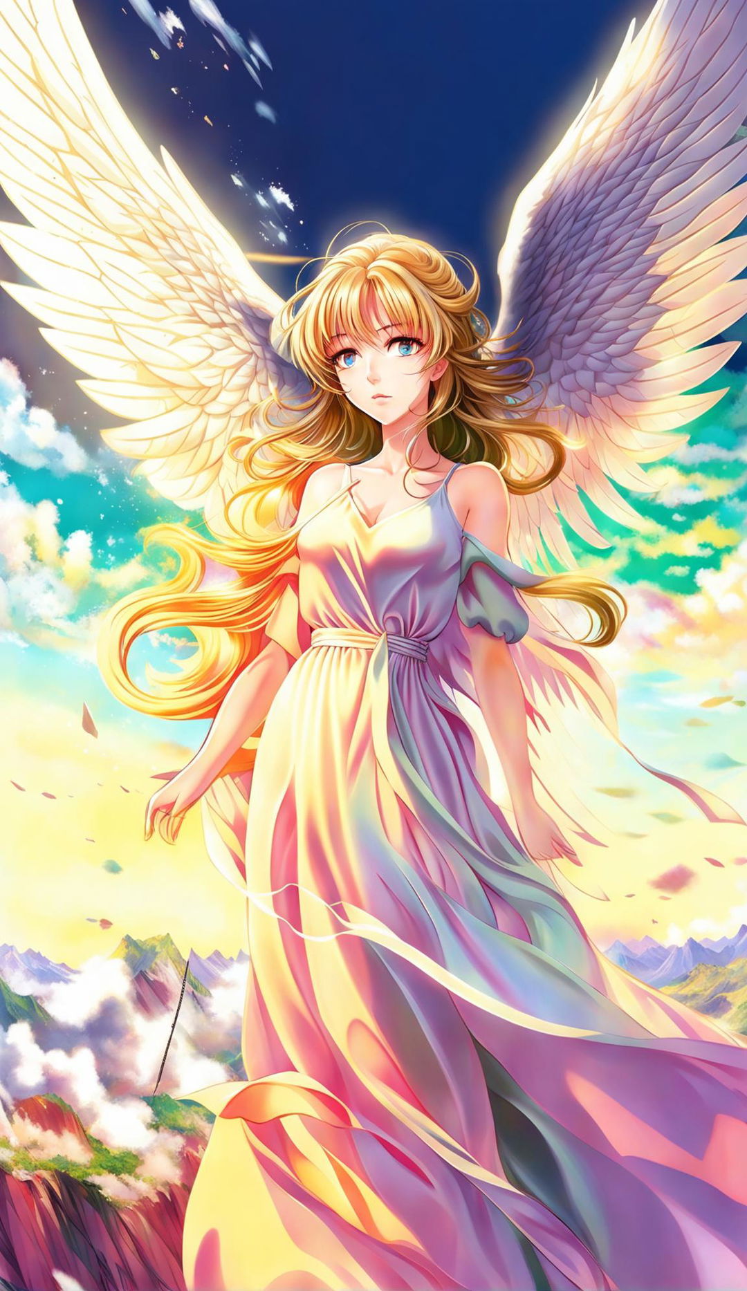 HD anime poster featuring a beautiful angel with golden hair and azure eyes