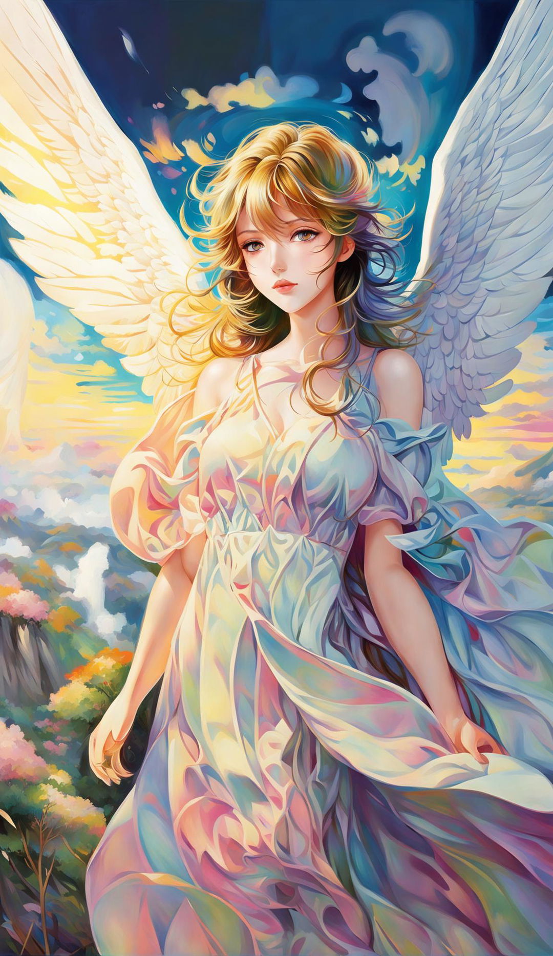 HD anime poster in oil painting style featuring a beautiful angel with golden hair and azure eyes