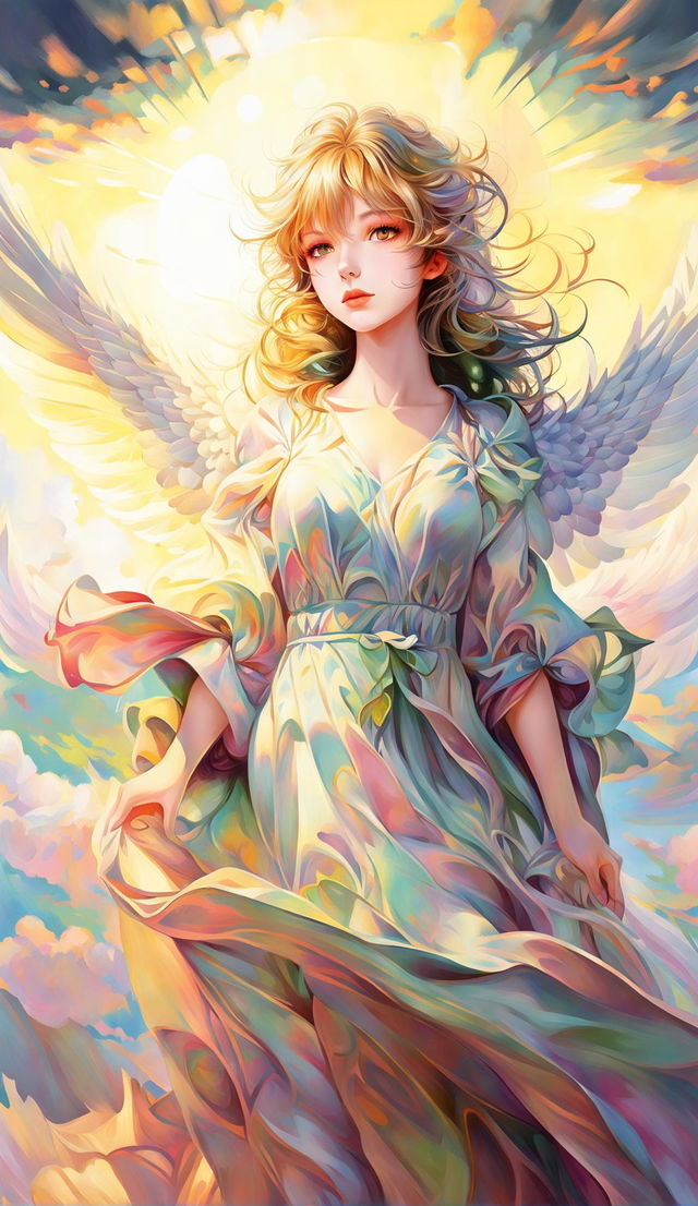 HD anime poster in oil painting style featuring a beautiful angel with golden hair and azure eyes amidst pastel clouds