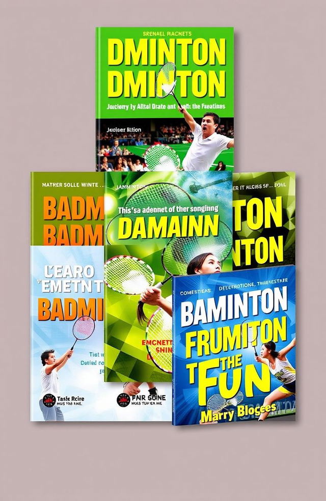 A collection of visually striking badminton book covers showcasing dynamic action scenes, featuring players in mid-swing with colorful badminton rackets and shuttlecocks