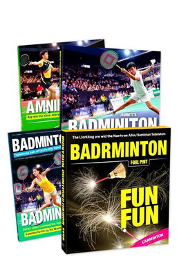 A collection of visually striking badminton book covers showcasing dynamic action scenes, featuring players in mid-swing with colorful badminton rackets and shuttlecocks