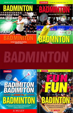 A collection of visually striking badminton book covers showcasing dynamic action scenes, featuring players in mid-swing with colorful badminton rackets and shuttlecocks