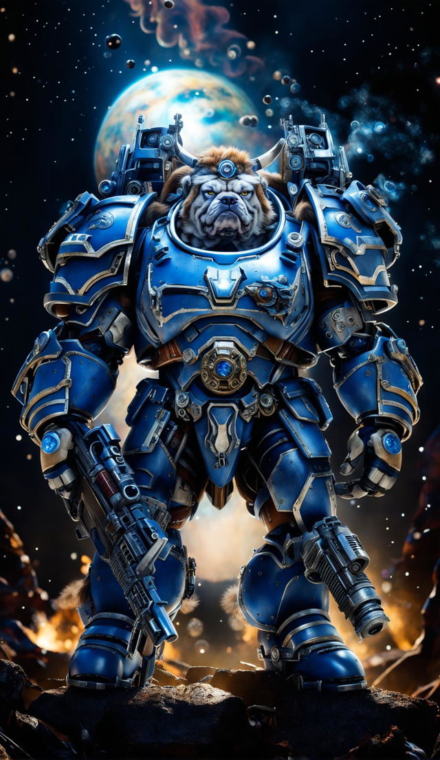 A brindle bulldog space marine in cobalt blue armor stands on a cosmic battlefield holding a plasma rifle