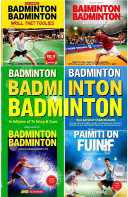 A collection of visually striking badminton book covers showcasing dynamic action scenes, featuring players in mid-swing with colorful badminton rackets and shuttlecocks