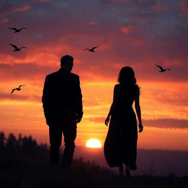 A poignant scene depicting a sad love story at sunset, featuring a man walking towards the viewer and a woman walking away