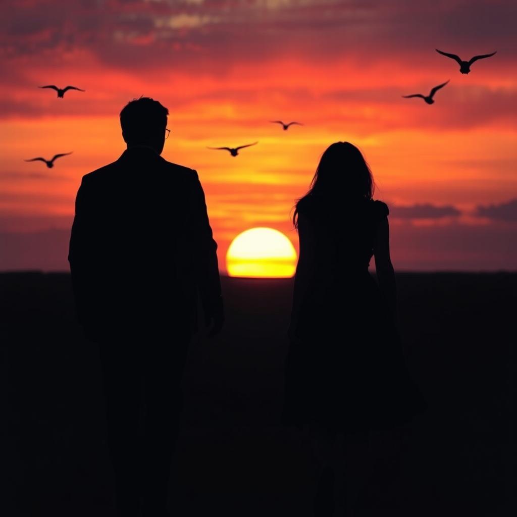 A poignant scene depicting a sad love story at sunset, featuring a man walking towards the viewer and a woman walking away