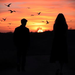 A poignant scene depicting a sad love story at sunset, featuring a man walking towards the viewer and a woman walking away