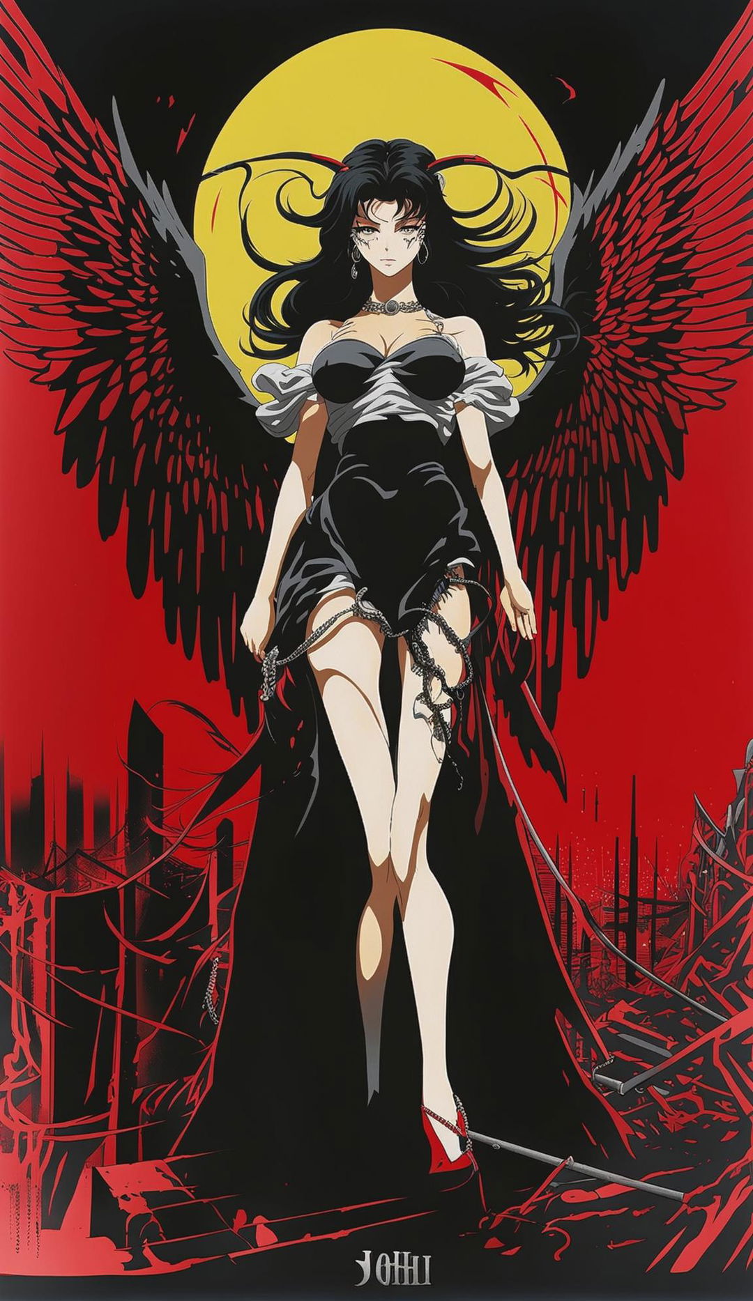 Retro 90s anime poster of a dark, evil angel with red eyes and black wings, standing atop ruins, surrounded by a vortex of red and black, with a cityscape in the background