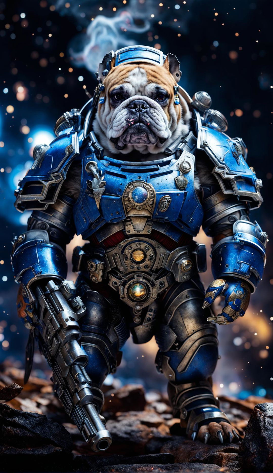 An English bulldog space marine in cobalt blue armor stands on a cosmic battlefield holding a plasma rifle