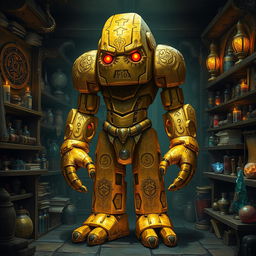 A full-body golden stone golem with a human face, featuring two glowing red eyes and intricately carved pulsating runes covering its body