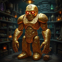 A full-body golden stone golem with a human face, featuring two glowing red eyes and intricately carved pulsating runes covering its body