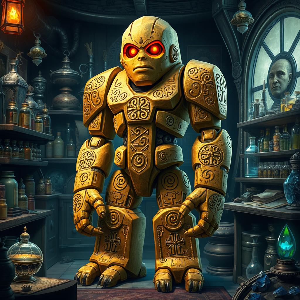 A full-body golden stone golem with a human face, featuring two glowing red eyes and intricately carved pulsating runes covering its body