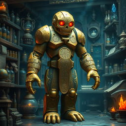 A full-body golden stone golem with a human face, featuring two glowing red eyes and intricately carved pulsating runes covering its body