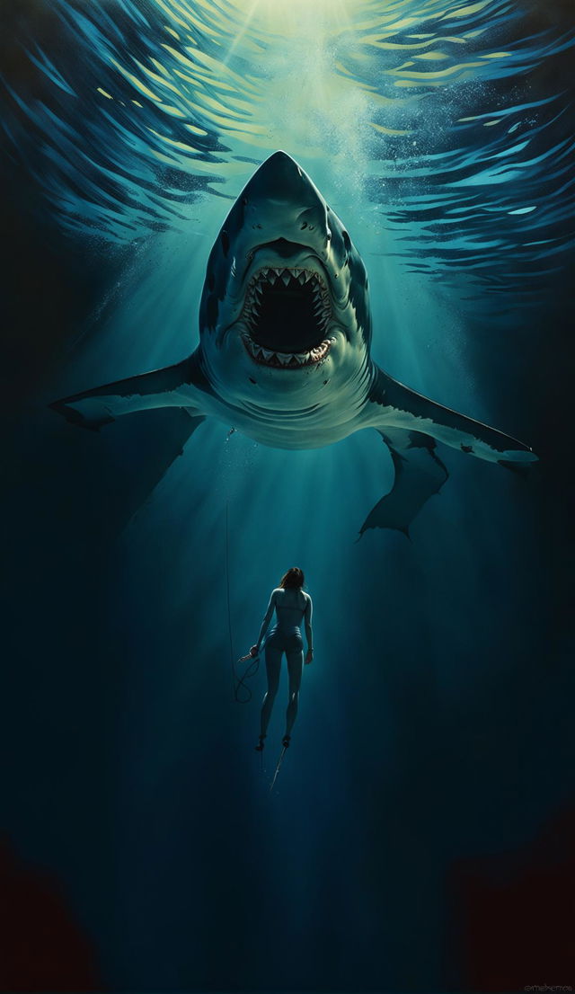 High-resolution 32k digital art of 'Jaws' movie poster without text: lone swimmer on ocean surface with monstrous great white shark emerging from depths below