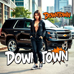 A sleek black Chevrolet Tahoe with shiny silver rims parked against a urban downtown backdrop