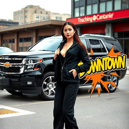 A sleek black Chevrolet Tahoe with shiny silver rims parked against a urban downtown backdrop