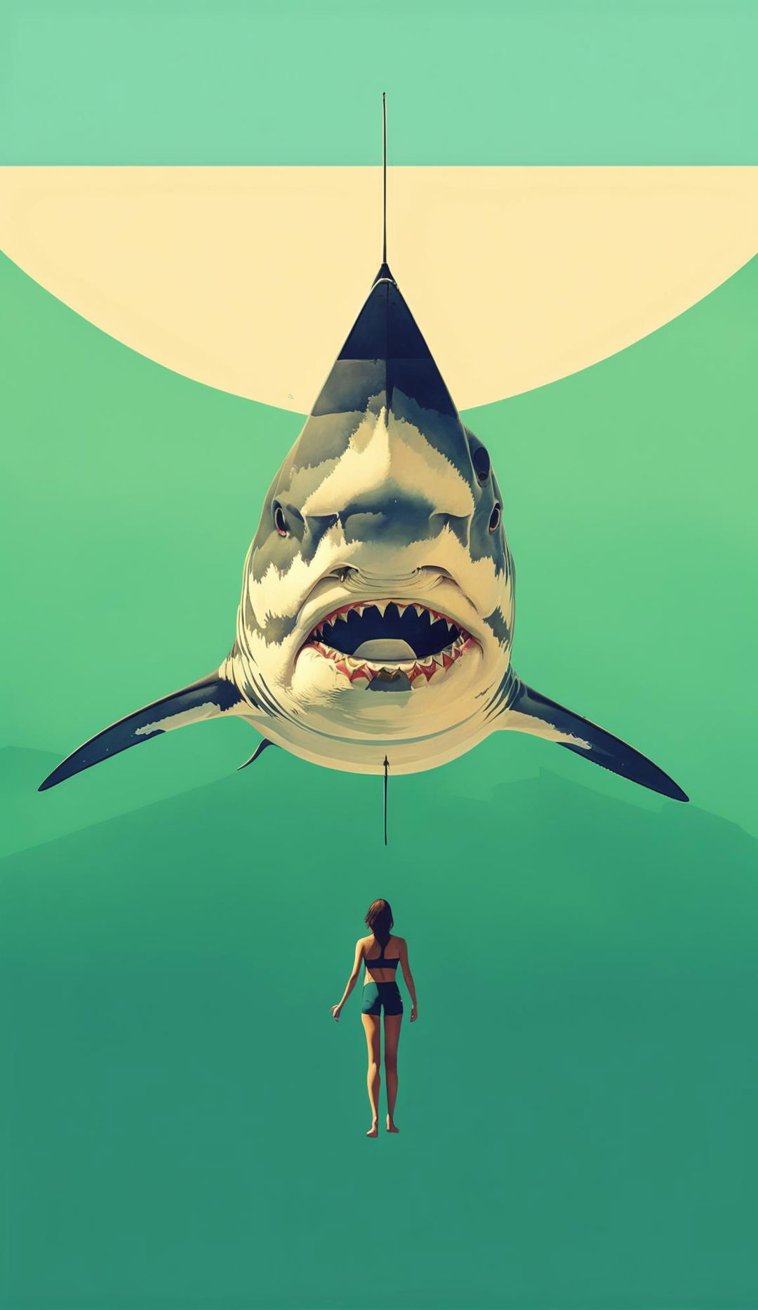 Wes Anderson-inspired 32k digital art of 'Jaws' movie poster without text: lone swimmer on ocean surface with stylized great white shark emerging from depths below