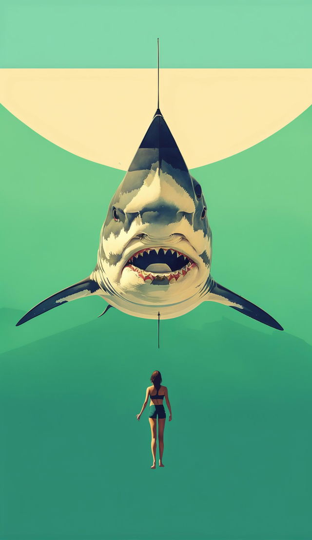 Wes Anderson-inspired 32k digital art of 'Jaws' movie poster without text: lone swimmer on ocean surface with stylized great white shark emerging from depths below