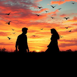 A poignant evening scene depicting a sad love story where a man and a woman are parting ways