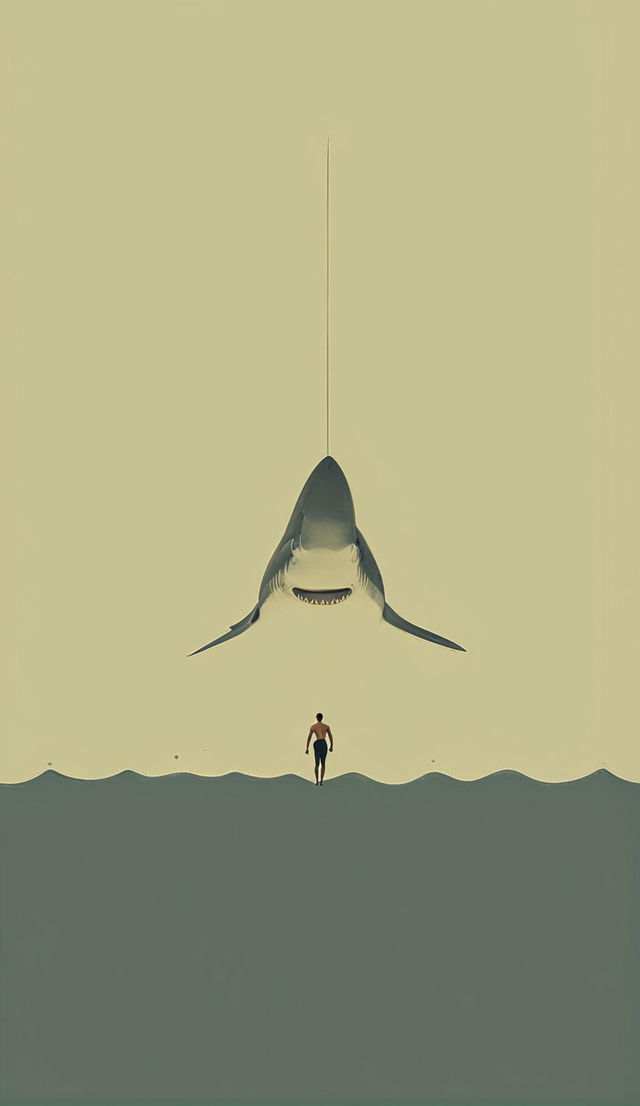 A minimalist 32k resolution digital art piece inspired by Wes Anderson and the Jaws movie poster featuring a simplified shark silhouette emerging from the ocean towards a lone swimmer