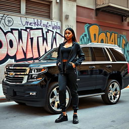 A stylish black Tahoe SUV with shiny silver rims parked in an urban setting