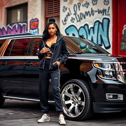 A stylish black Tahoe SUV with shiny silver rims parked in an urban setting