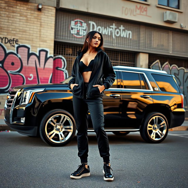 A stylish black Tahoe SUV with shiny silver rims parked in an urban setting