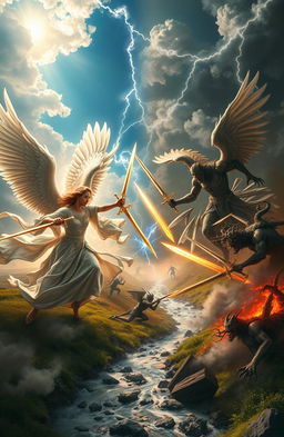 A dramatic scene depicting a battle between angels and demons in a celestial landscape