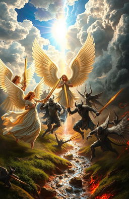 A dramatic scene depicting a battle between angels and demons in a celestial landscape