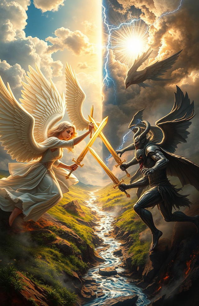 A dramatic scene depicting a battle between angels and demons in a celestial landscape