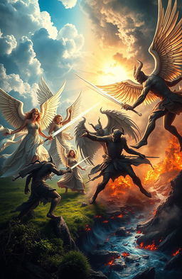 A dramatic scene depicting a battle between angels and demons in a celestial landscape